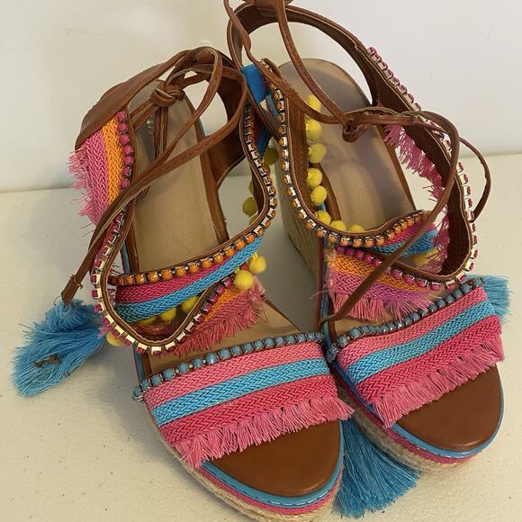 Y2K 2000s Mark Wedges Women 9 Boho Colorful 6.75” Heels Ankle Strap Rhinestone - Picture 2 of 9
